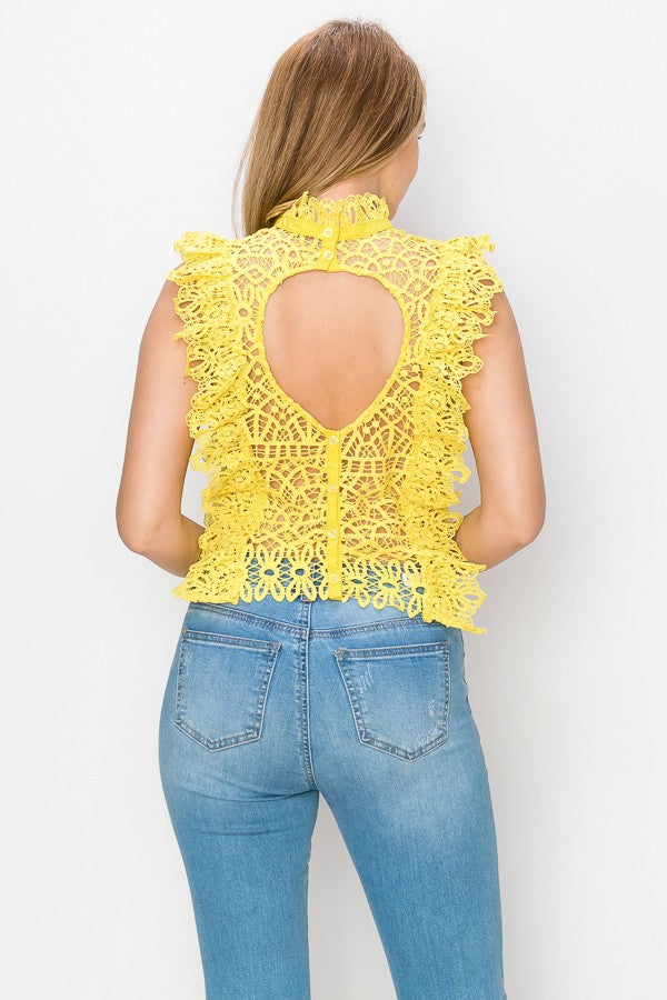 Lace Trim Ruffled Mock Neck Open-back Top