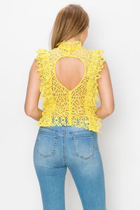 Lace Trim Ruffled Mock Neck Open-back Top