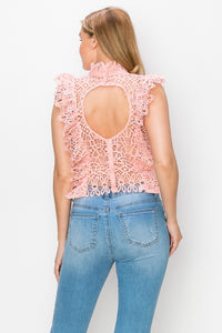 Lace Trim Ruffled Mock Neck Open-back Top