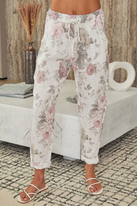 Linen Floral Button Down Shirt & Pant Set, White Rose