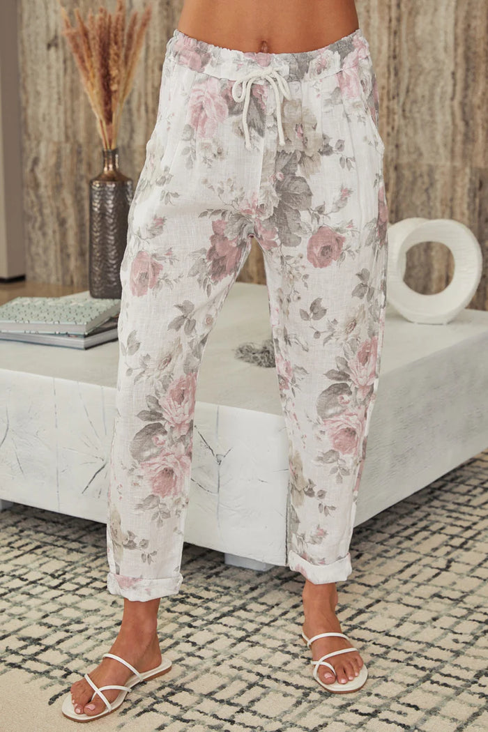 Linen Floral Button Down Shirt & Pant Set, White Rose