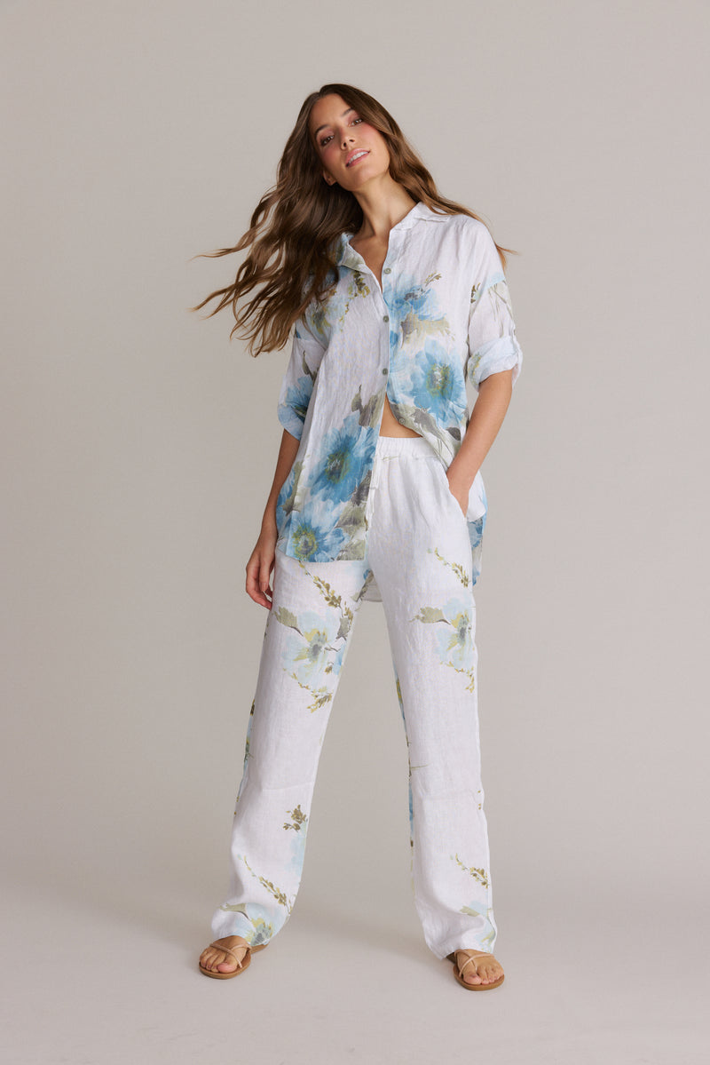 Blue Watercolor Floral Linen Roll Tab Button Down Shirt & Pants Set