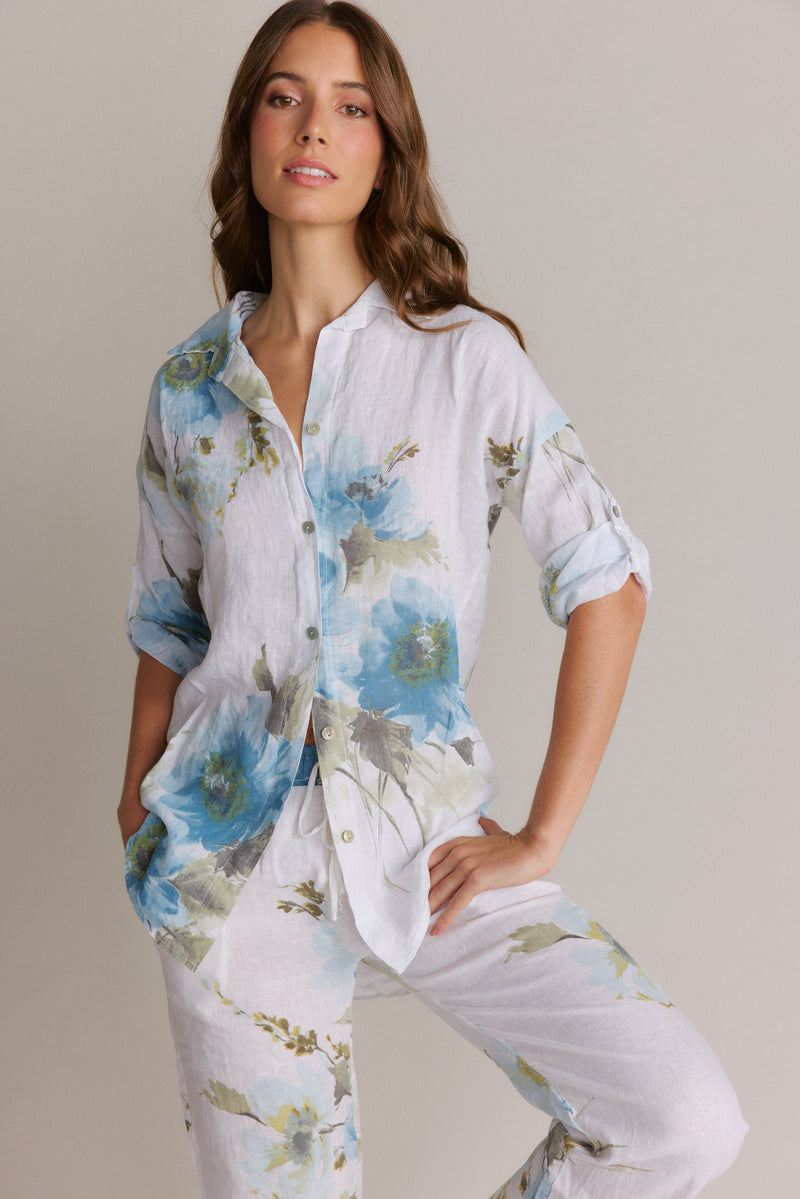 Blue Watercolor Floral Linen Roll Tab Button Down Shirt & Pants Set