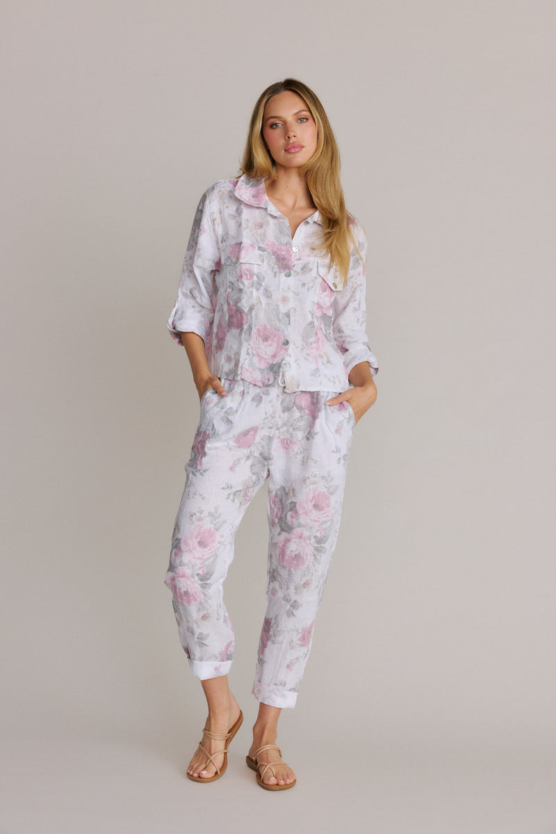 Linen Floral Button Down Shirt & Pant Set, White Rose