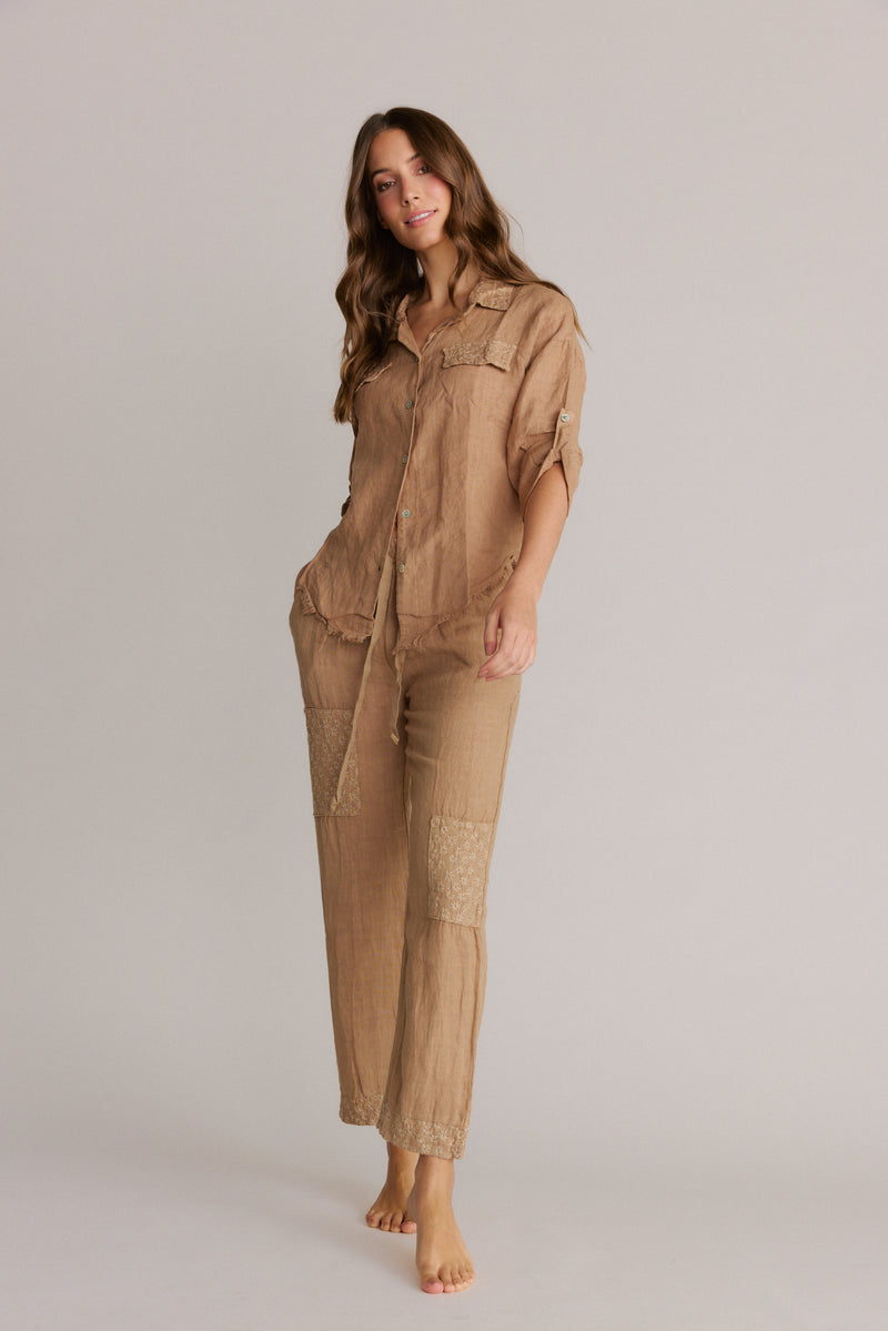 Italian Linen Button-Down Shirt  & Pants Set, Embroider Detail.Mocha