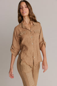 Italian Linen Button-Down Shirt  & Pants Set, Embroider Detail.Mocha