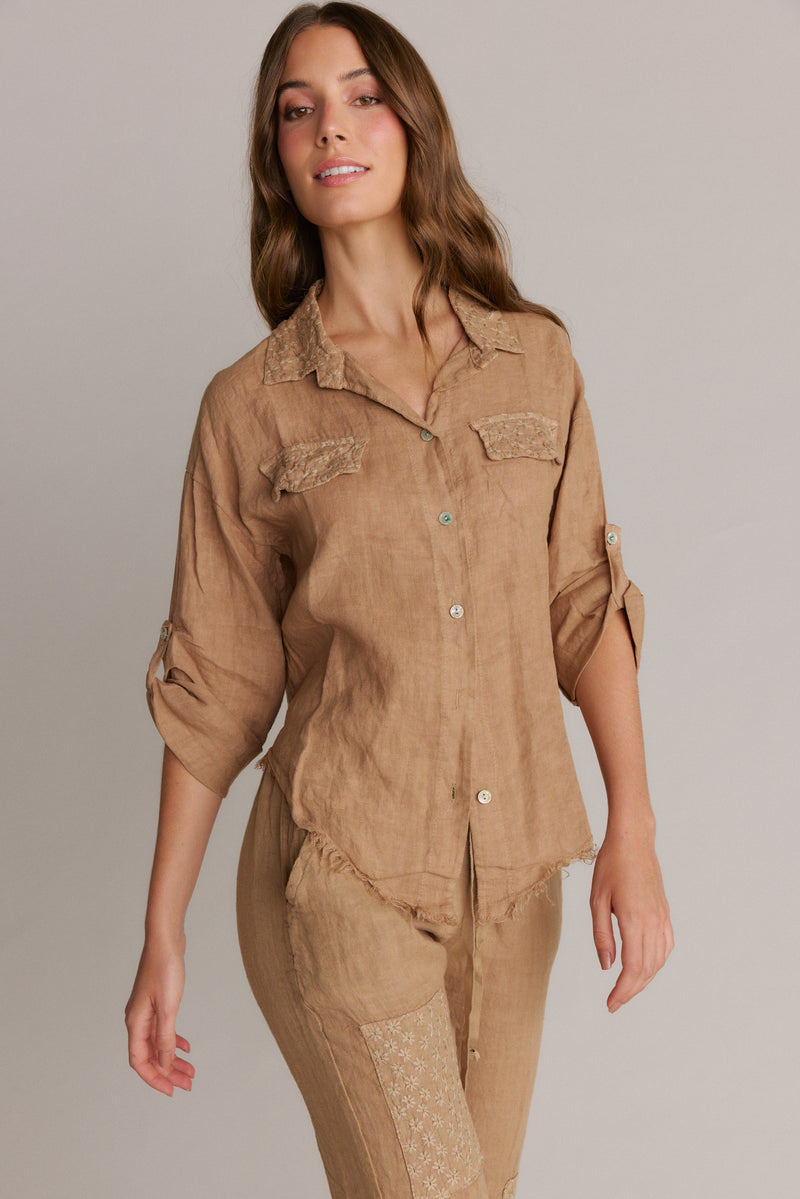 Italian Linen Button-Down Shirt  & Pants Set, Embroider Detail.Mocha