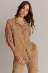 Italian Linen Button-Down Shirt  & Pants Set, Embroider Detail.Mocha