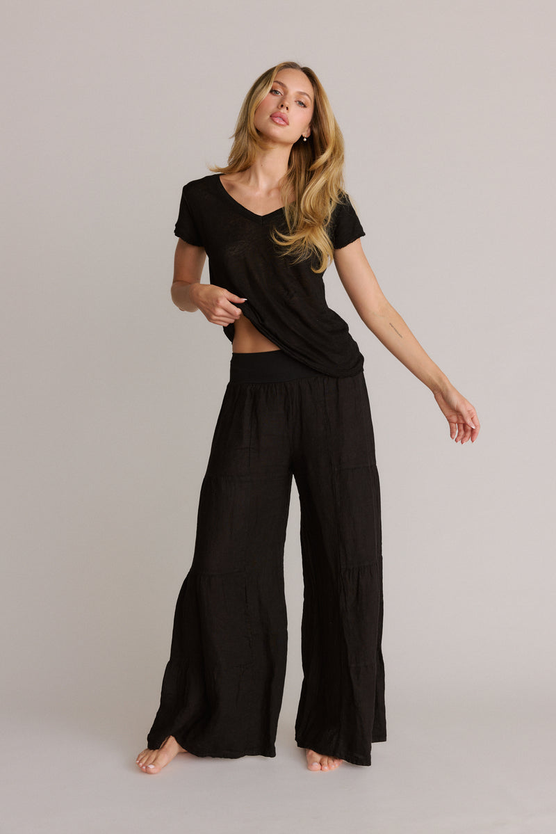 Linen Tiered Palazzo Pant Black