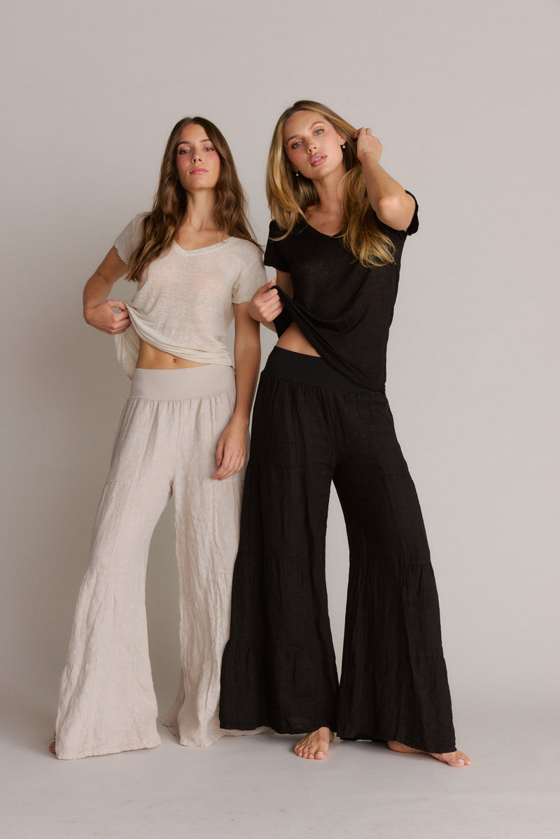 Linen Tiered Palazzo Pants Beige