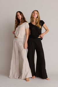 Linen Tiered Palazzo Pant Black