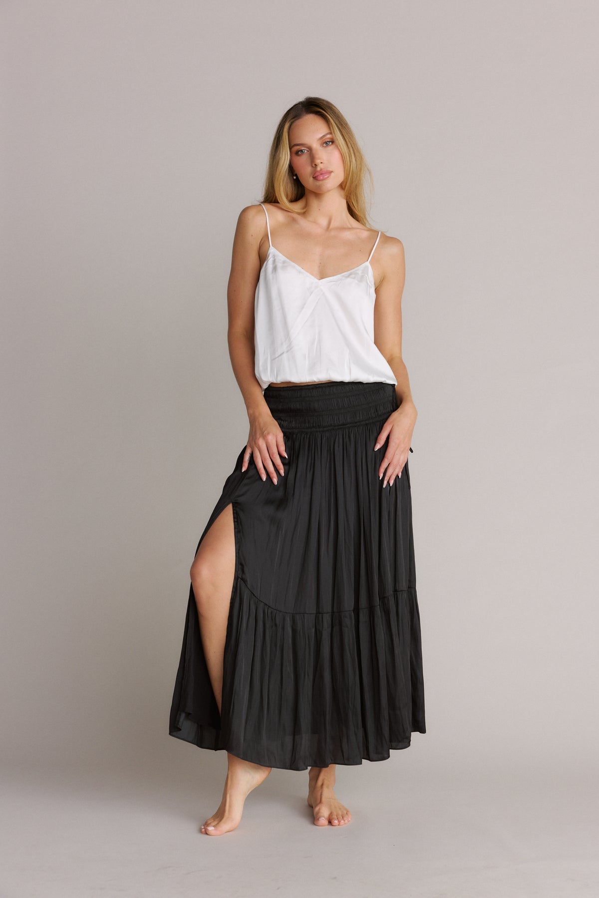 Smocked Waist Silky Maxi Skirt Black