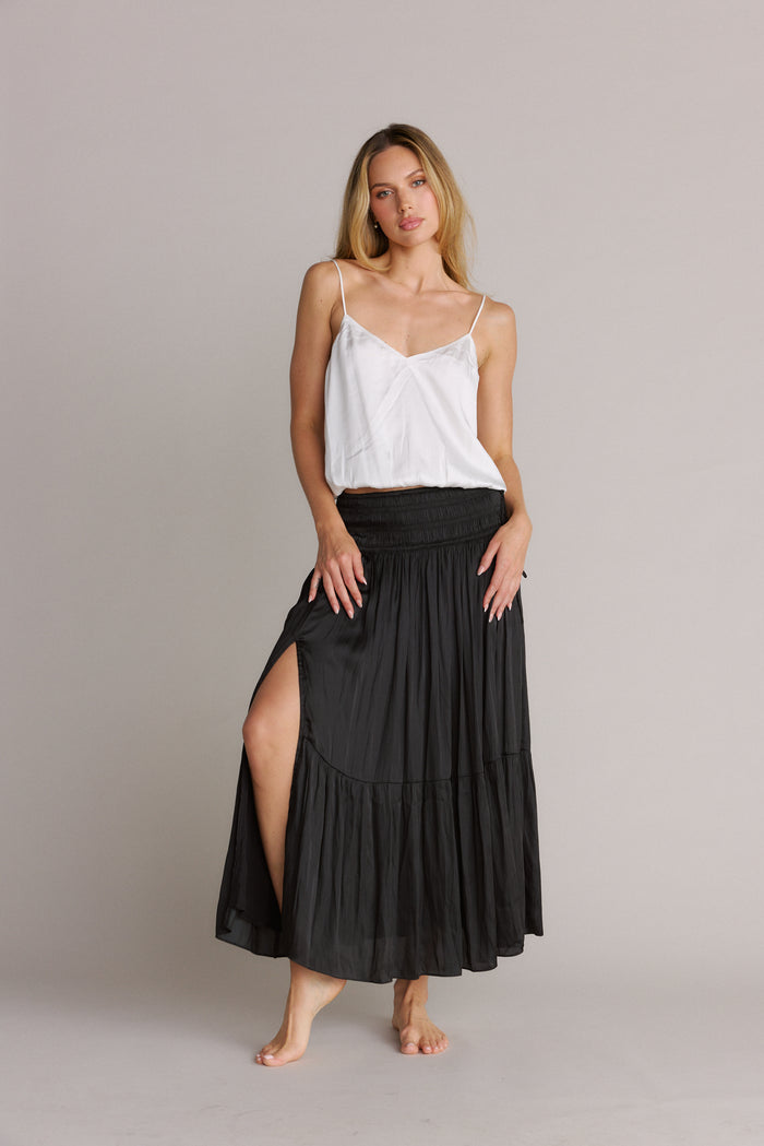 Smocked Waist Silky Maxi Skirt Black