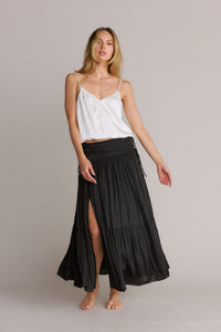 Smocked Waist Silky Maxi Skirt Black