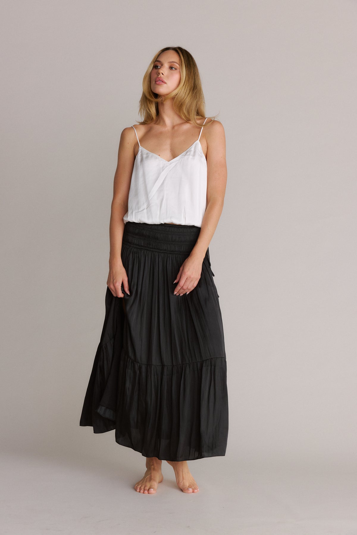 Smocked Waist Silky Maxi Skirt Black