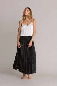Smocked Waist Silky Maxi Skirt Black