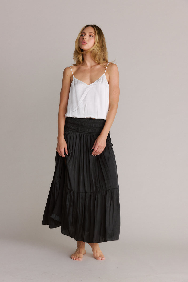 Smocked Waist Silky Maxi Skirt Black