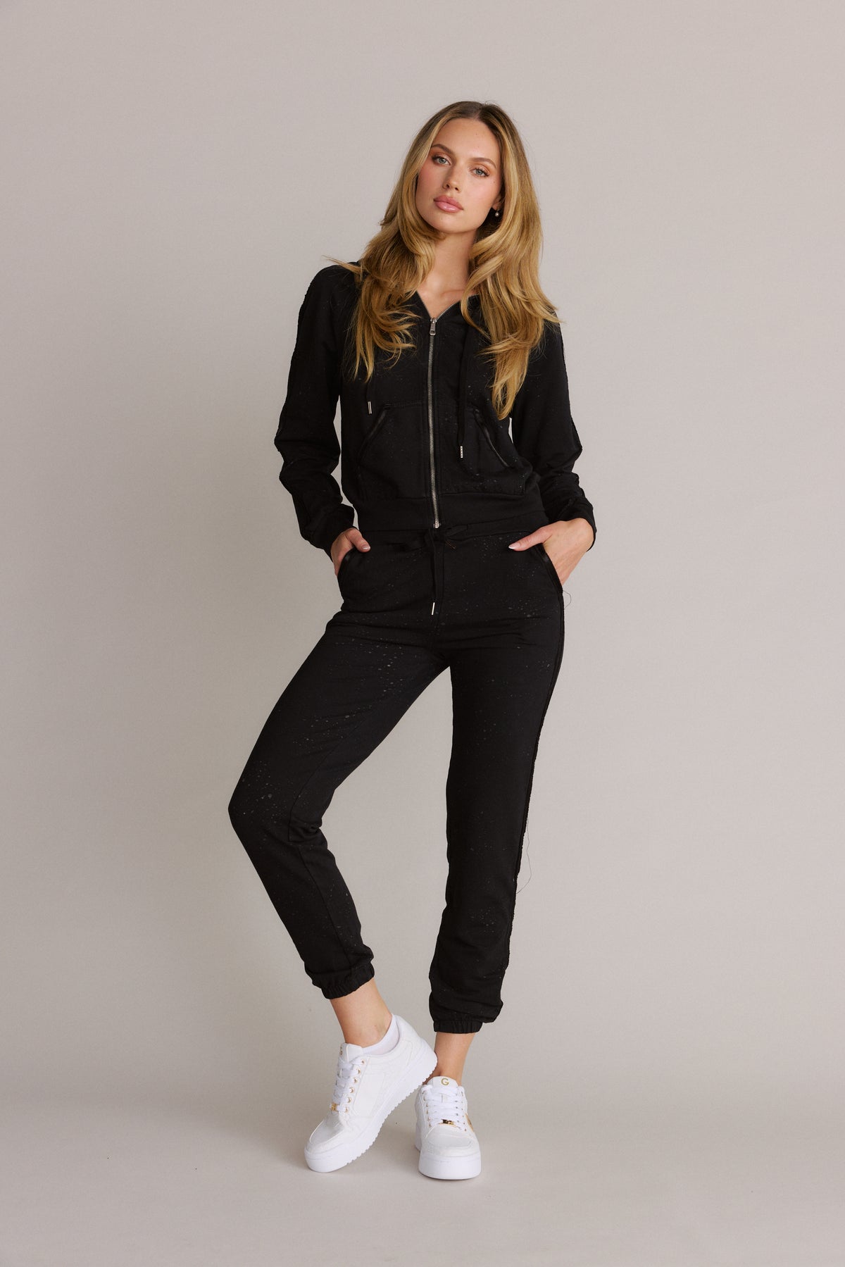 Lightly Distressed Jogger Hoodie & Pants Set Black