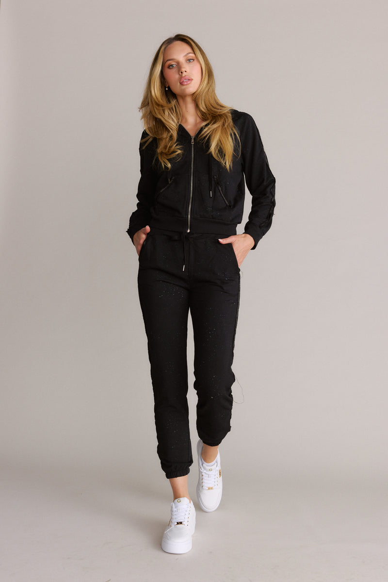 Lightly Distressed Jogger Hoodie & Pants Set Black