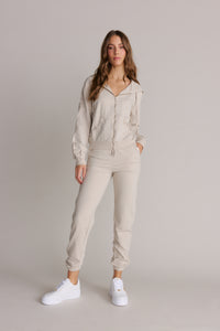 Lightly Distressed Jogger Pant & Hoodie Set, Beige