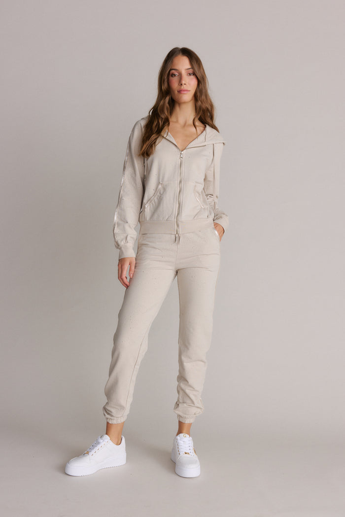 Lightly Distressed Jogger Pant & Hoodie Set, Beige