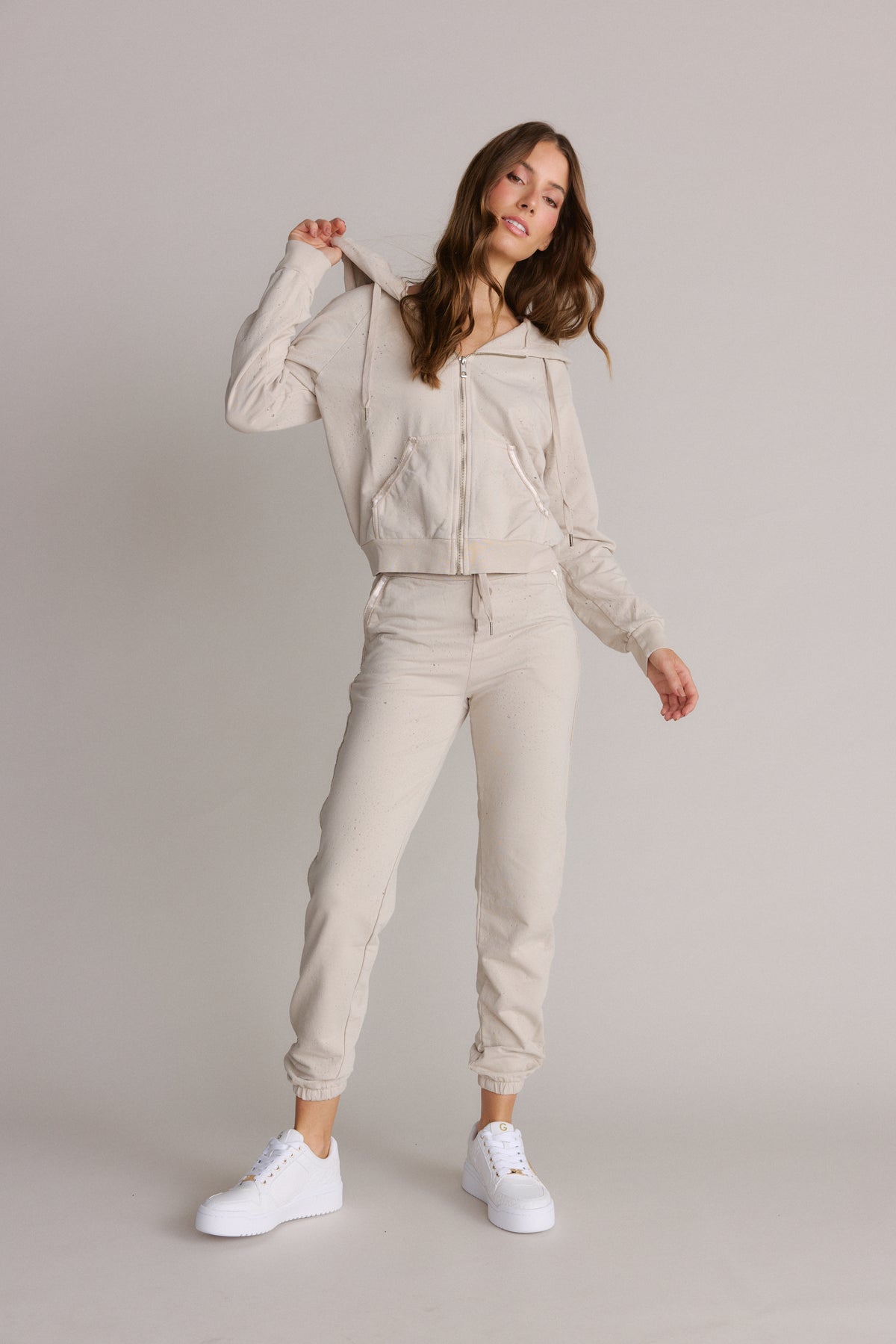 Lightly Distressed Jogger Pant & Hoodie Set, Beige