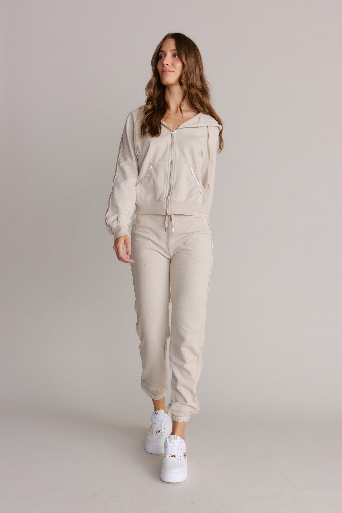 Lightly Distressed Jogger Pant & Hoodie Set, Beige