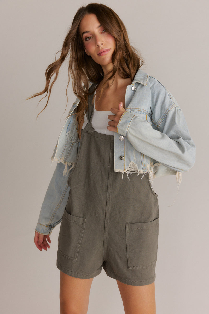 Washed Cotton Overalls Short Army Green