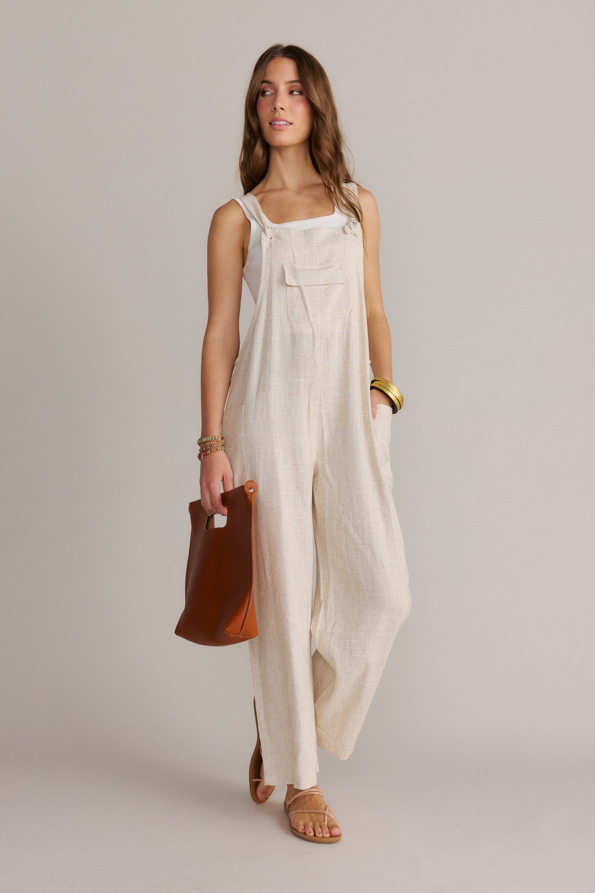 Classy Knotted Strap Overalls-Oatmeal