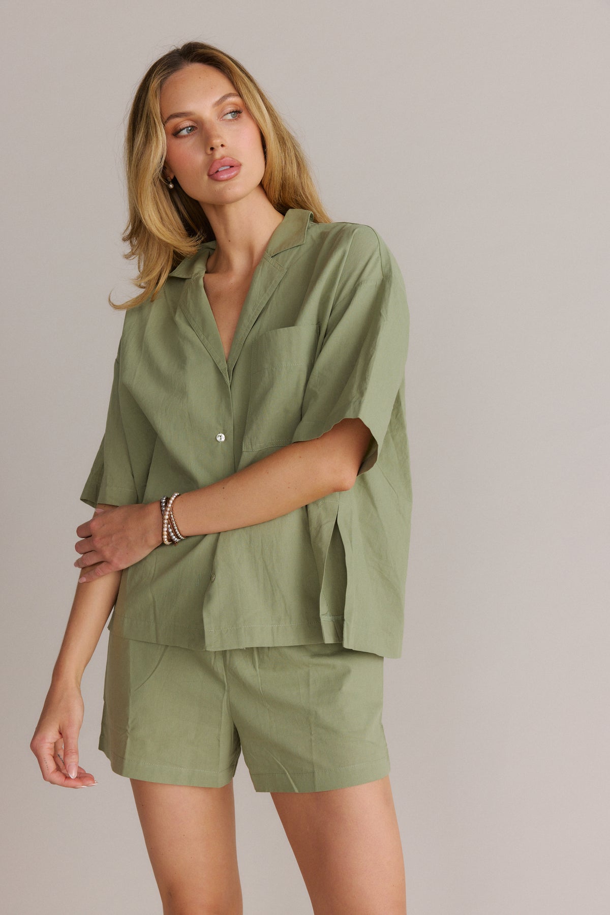Sage Cotton Button-Up Short Sleeve Shirt & Shorts Set, Sage
