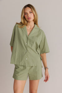 Sage Cotton Button-Up Short Sleeve Shirt & Shorts Set, Sage