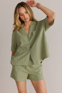 Sage Cotton Button-Up Short Sleeve Shirt & Shorts Set, Sage