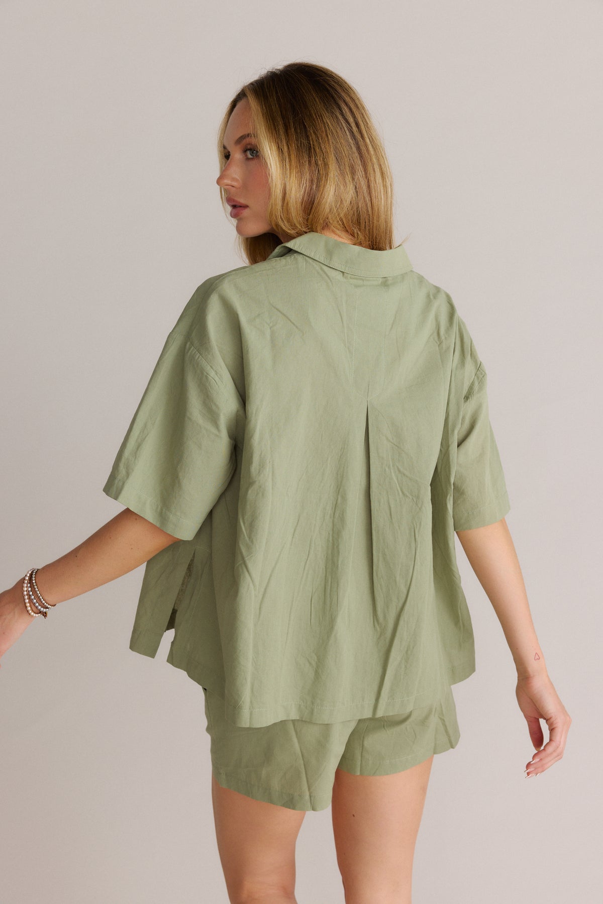 Sage Cotton Button-Up Short Sleeve Shirt & Shorts Set, Sage