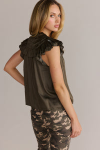 Silky Ruffle Blouse Dark Green
