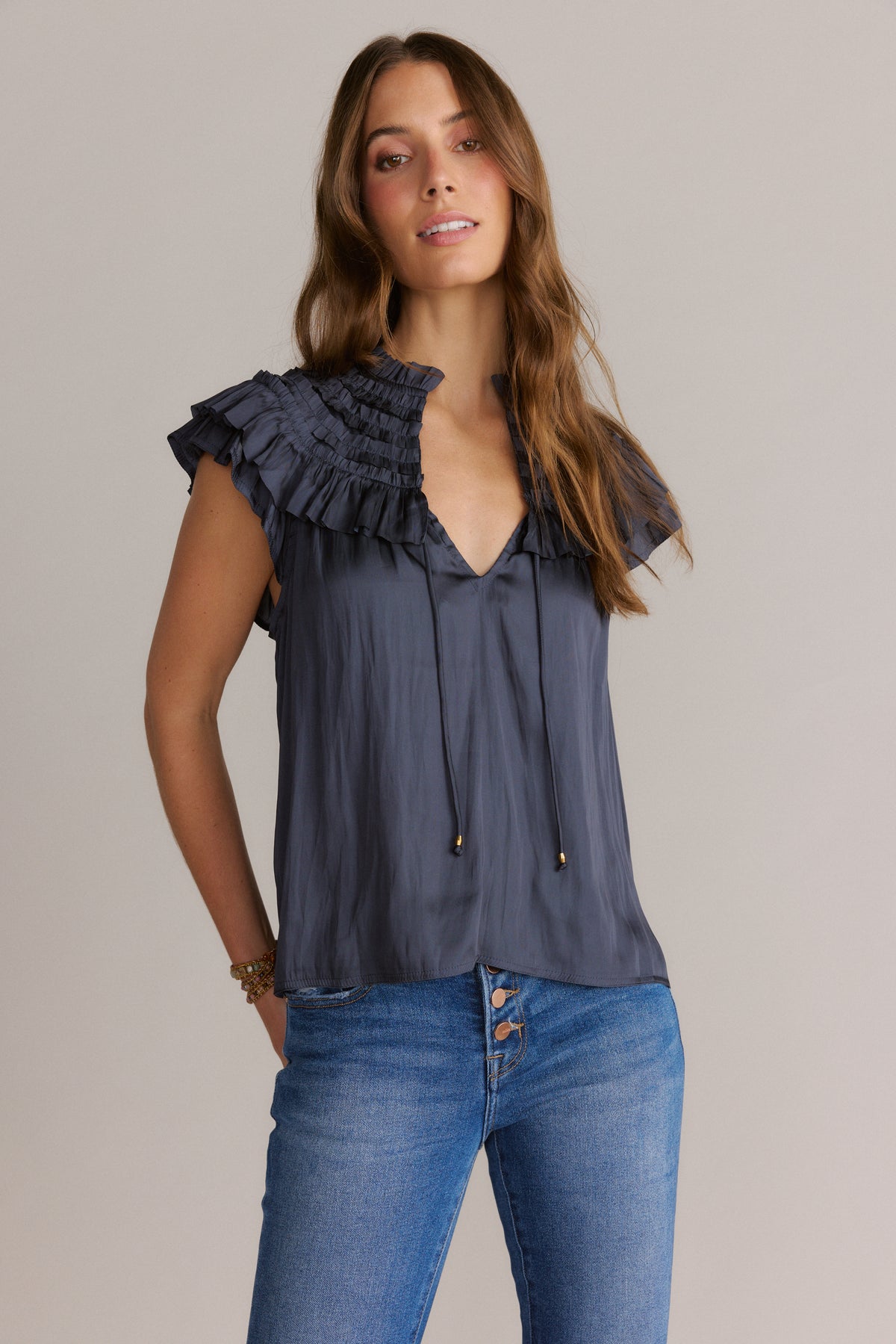 Silky Ruffel Blouse Navy Blue