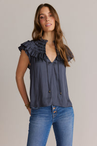 Silky Ruffel Blouse Navy Blue