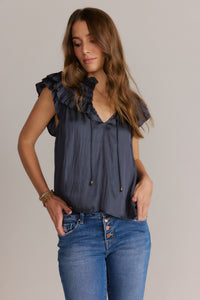 Silky Ruffel Blouse Navy Blue