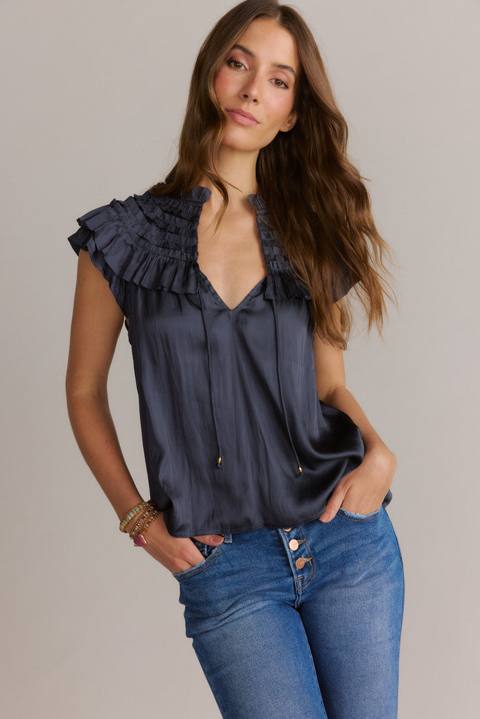 Silky Ruffel Blouse Navy Blue