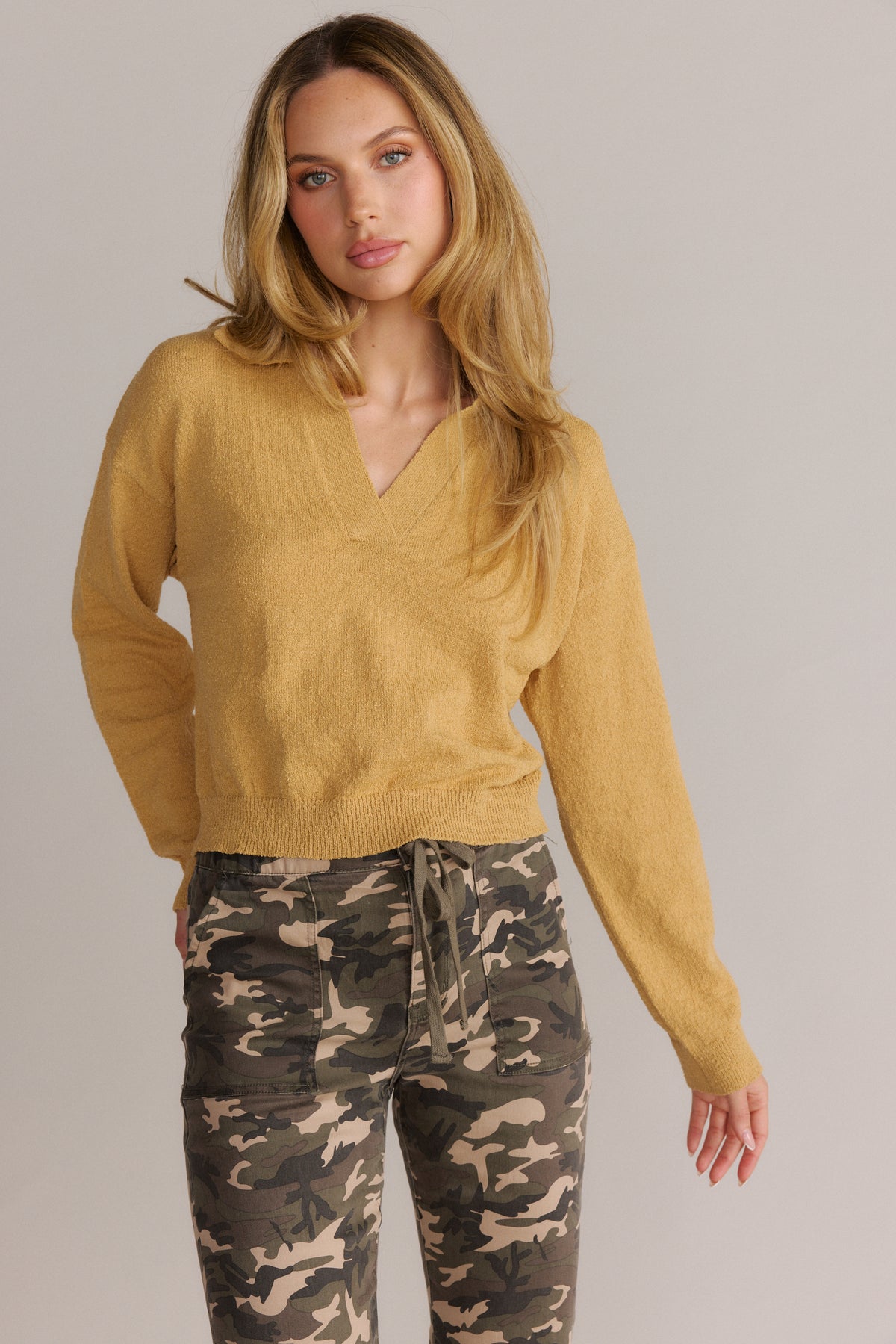 Collard V-Neck Knit Sweater Sand