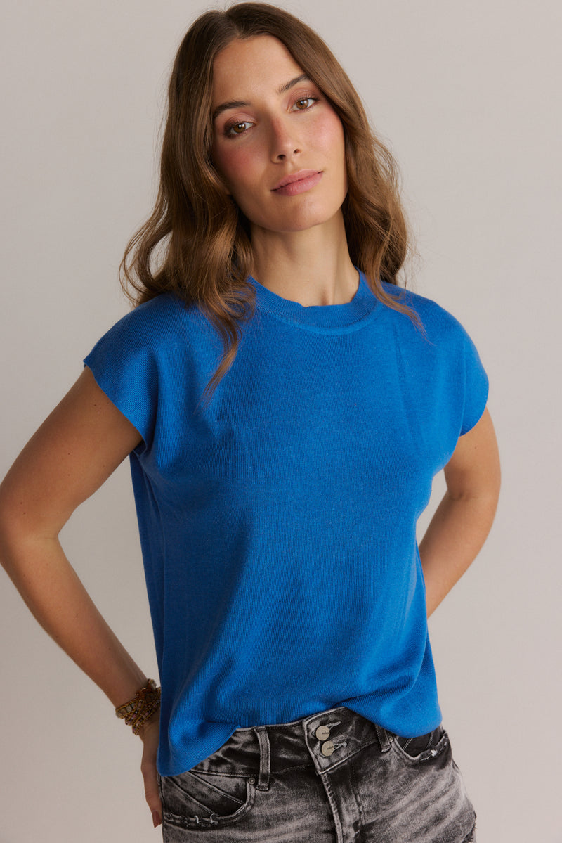 Round-neck Knit Sweater Top Blue