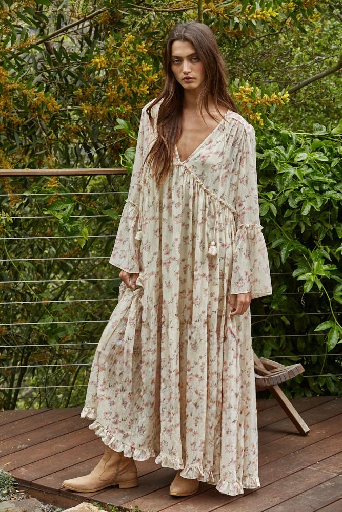 Soft Petals Tired Flare Hobo Maxi Dress