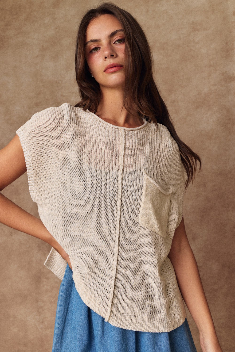 Ari Cropped Loose Fit Knit Top Beige