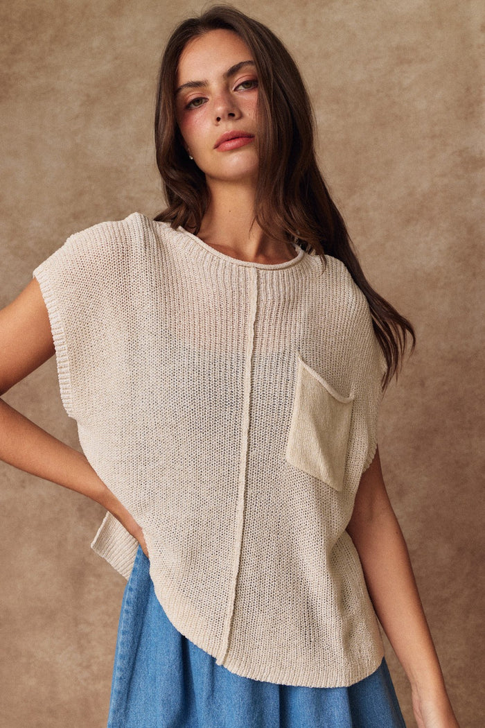 Ari Cropped Loose Fit Knit Top Beige