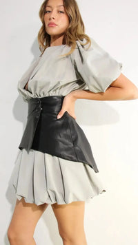 Bubble Mini Leather Belt Dress Set Grey - Black