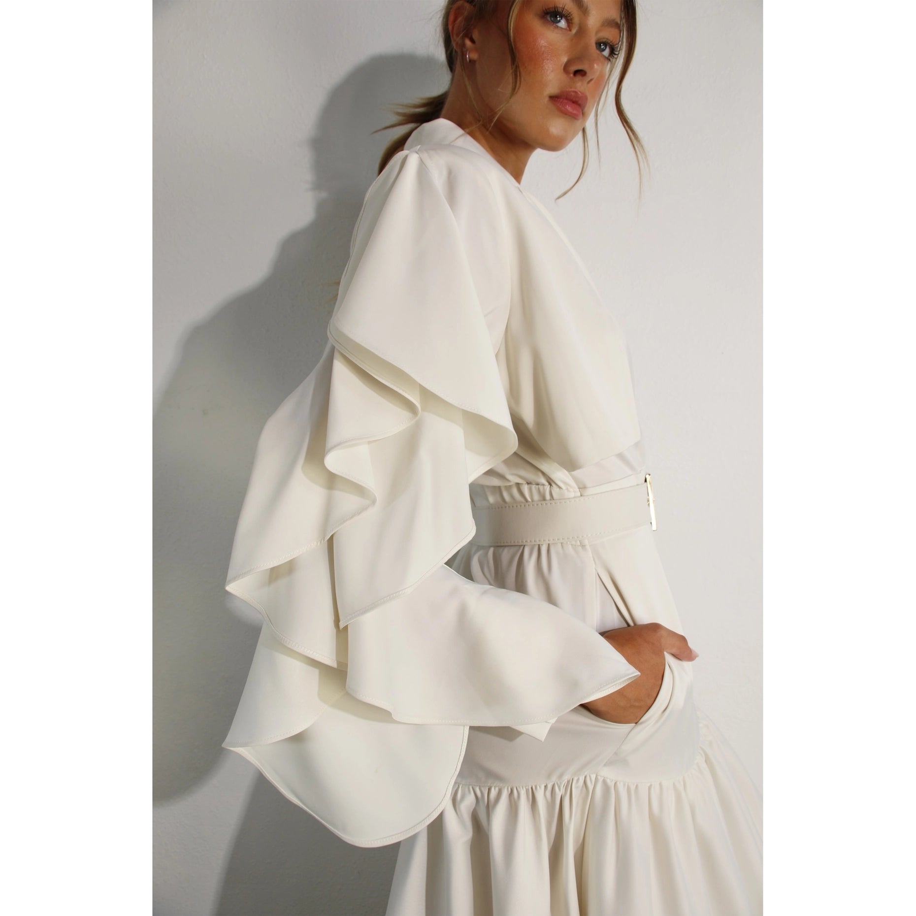 Collerd Long Ruffle Sleeve Dress Off White Velvet & Vogue Collerd Long Ruffle Sleeve Dress Off White Velvet & Vogue