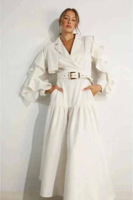 Collerd Long Ruffle Sleeve Dress Off White