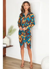 Satin Chevron Print Button Down Dress Satin Multi Color
