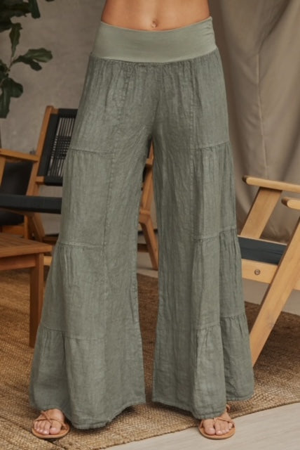 Linen Tiered Palazzo Pant Green