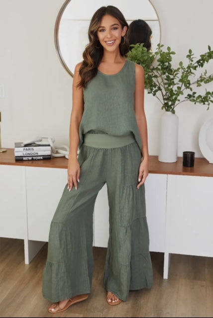 Linen Tiered Palazzo Pant Green