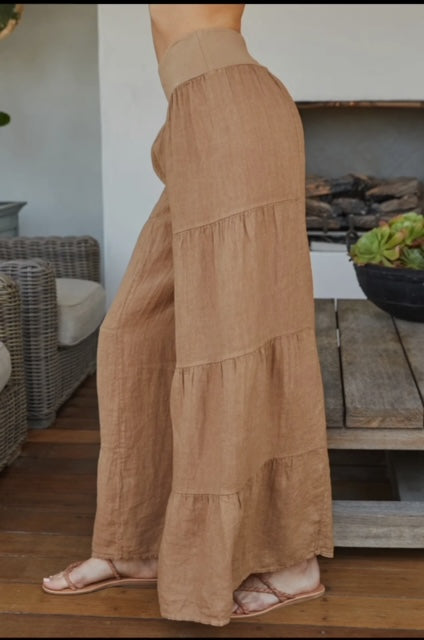 Linen Tiered Palazzo Pant Camel